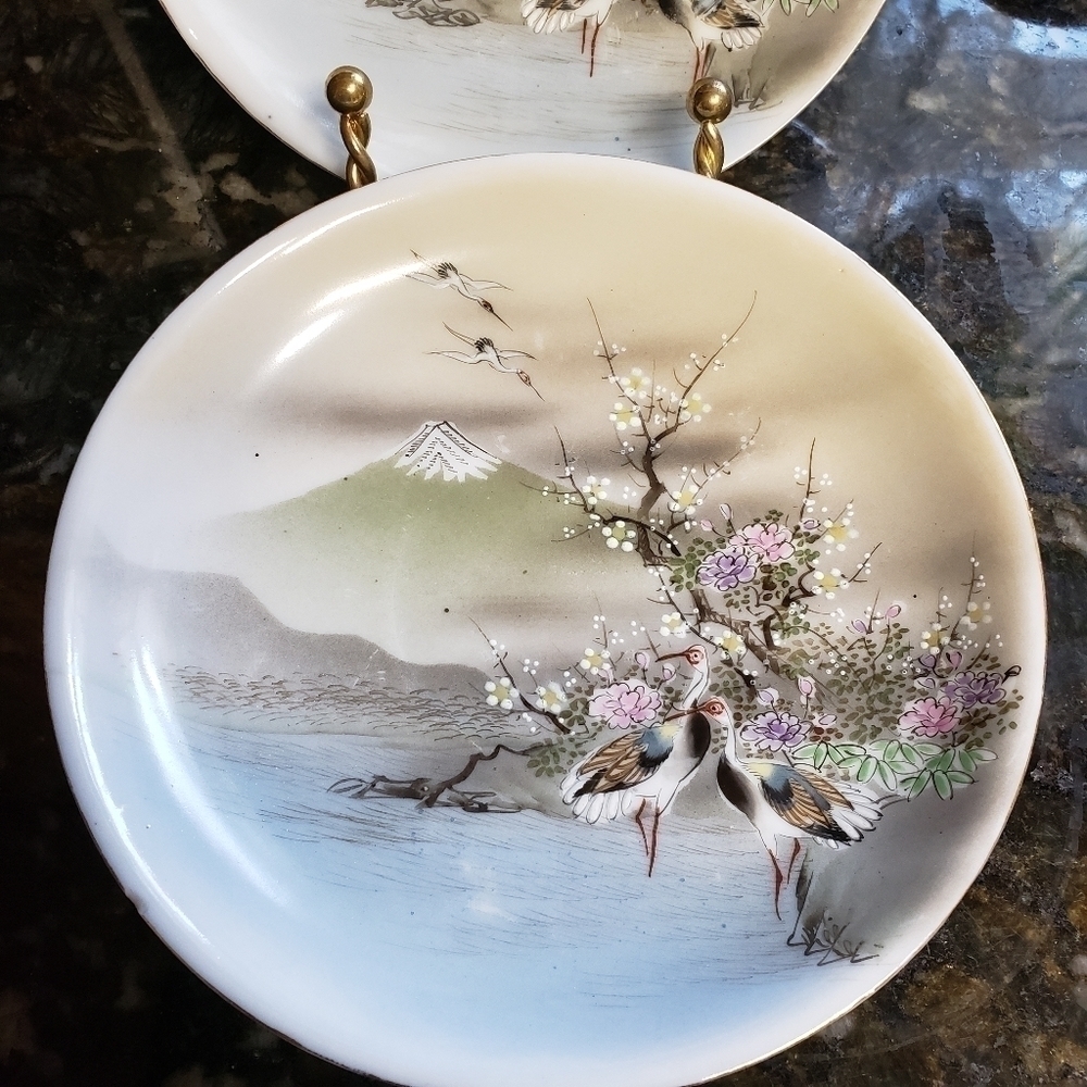 vintage Japanese Saucer Set Hand Painted Birds Cherry Blossom Moriage - Picture 4 of 8